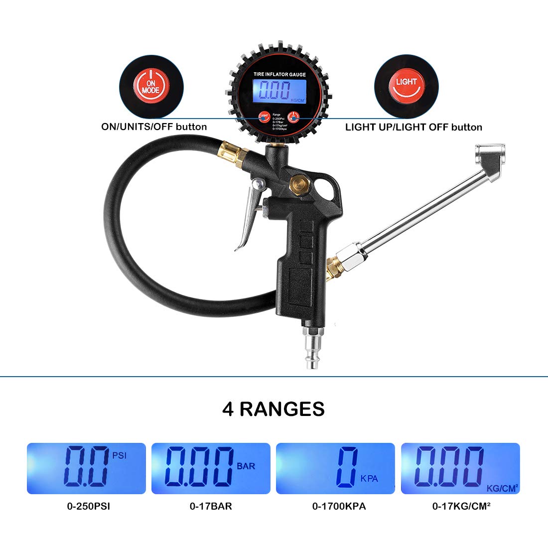 CZC AUTO Digital Tire Inflator Pressure Gauge, LED Display, Dual Head Chuck
