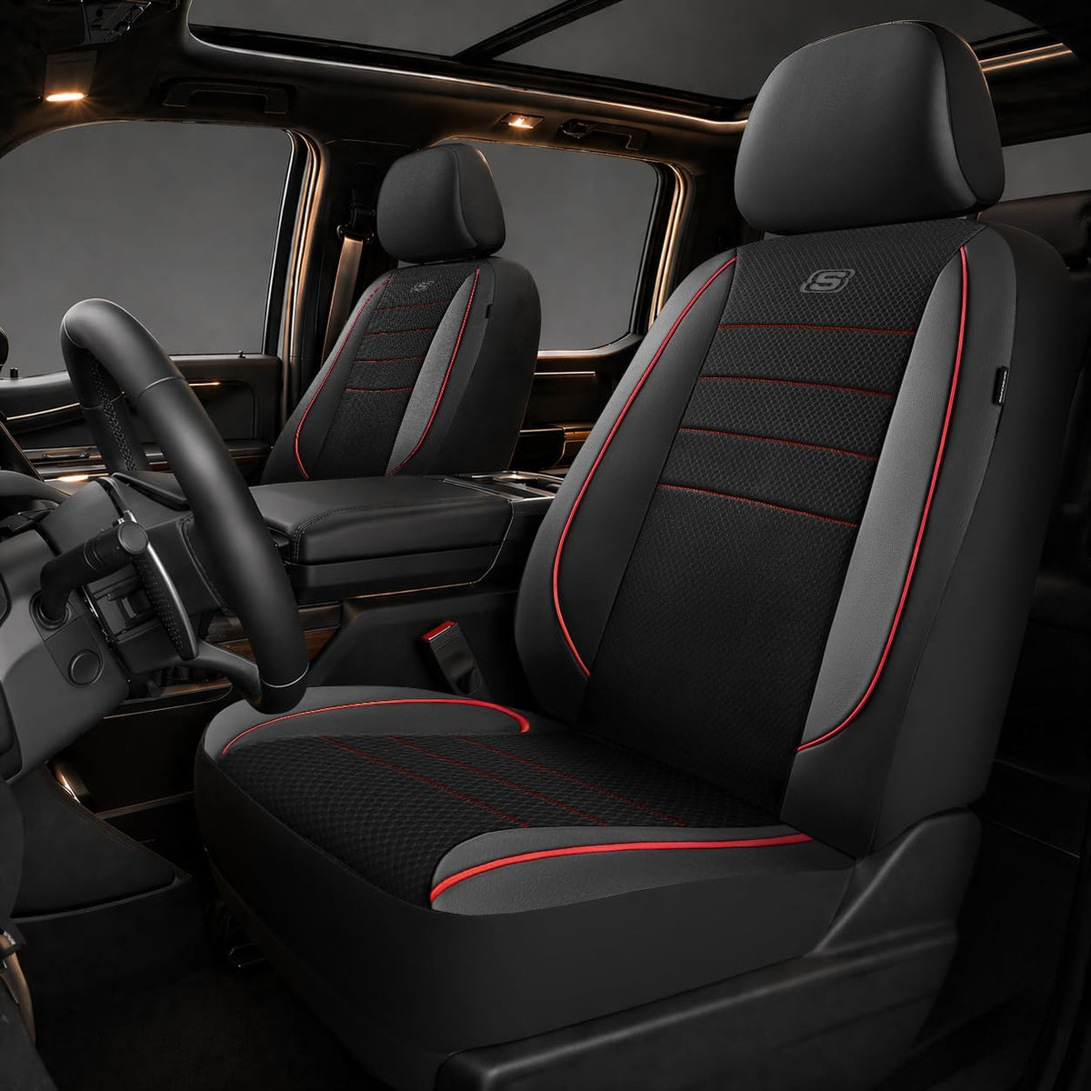 Skechers Air-Cooled Memory Foam Seat Covers,Mesh Thick Car Seat Covers,Piping Leather Car Seat Covers Front Seats,Airbag Compatible,Automotive Comfort Universal FitMost Cars,Vans,Truck,SUV,Black