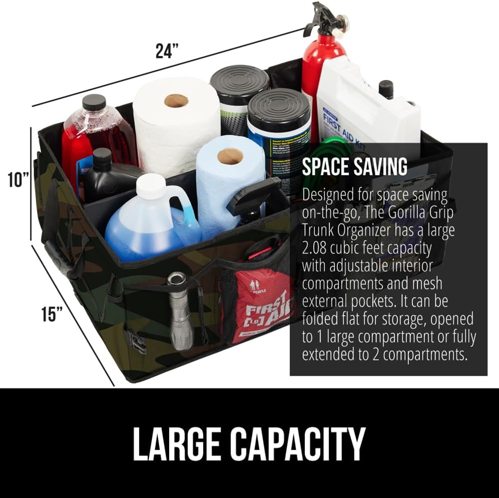 GORILLA GRIP Trunk Organizer for SUV and Cars, Large Capacity Collapsible Car Trunk Storage Organizer, Heavy Duty Car Accessories, Gifts for Mom and Dad, Slip & Water Resistant Multi Compartment, Camo
