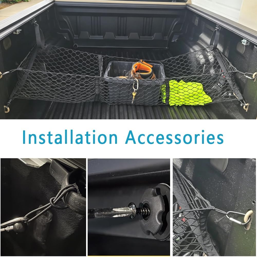 3 Pockets Truck Bed Cargo Net for Most Pickup Toyota Ford Dodge GMC Sierra Chevy Silverado Heavy-Duty Elastic Truck Organizer & Storage Grocery Holder Pickup Tailgate Netting -51.18"x 11.8"