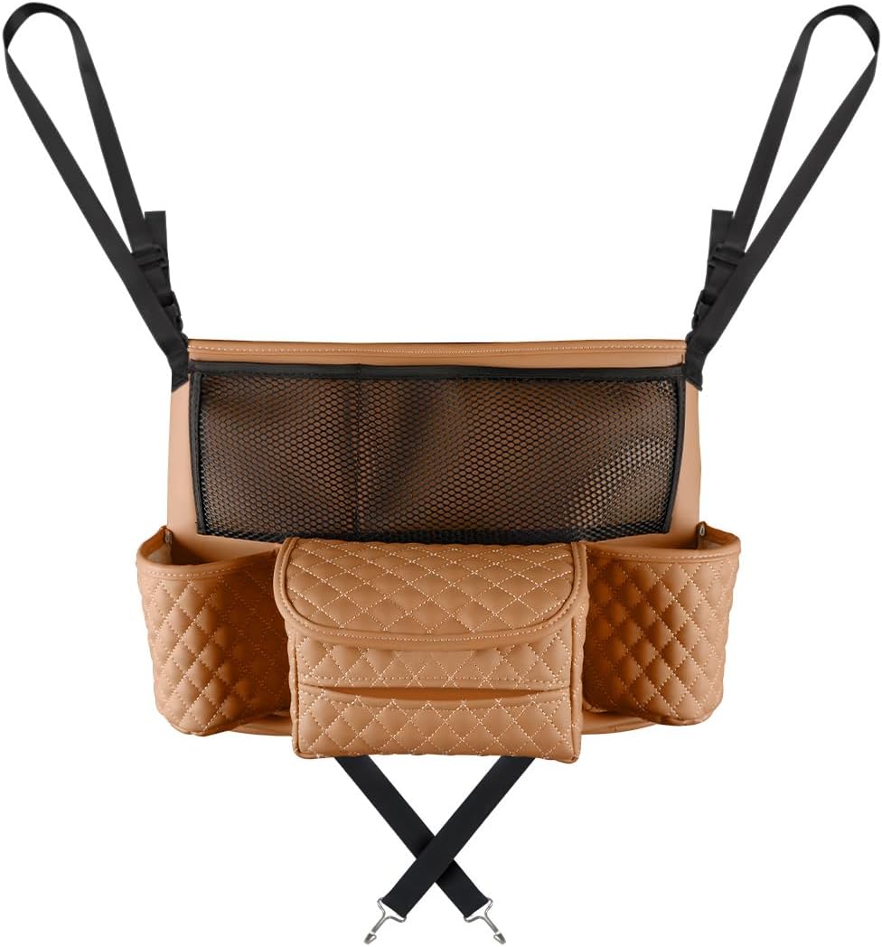DXNQ Car Purse Holder Between Seats, Luxury Leather Front Seat Back Handbag Organizer with Tissue Box Cup Holders, Auto Large Capacity Multi Pocket Purse Holder Hanging Storage Bag (Beige)