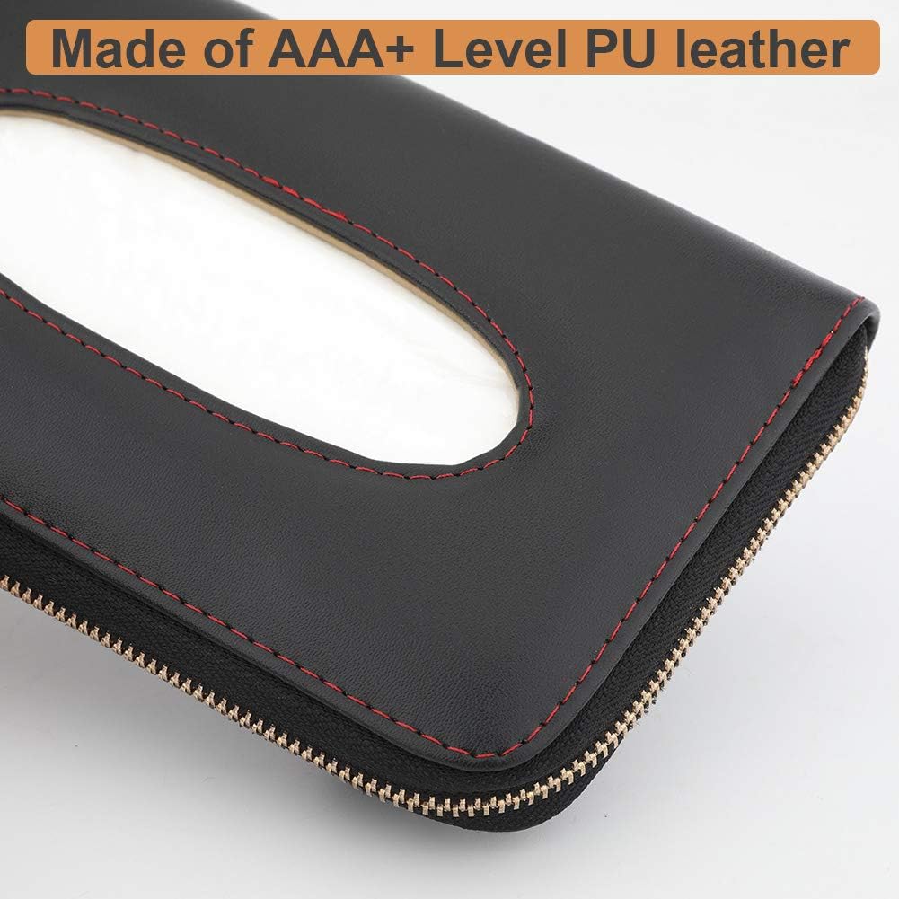 Car Tissue Holder - Sun Visor Napkin Holder, PU Leather Backseat Tissue Case with Zipper (Black)