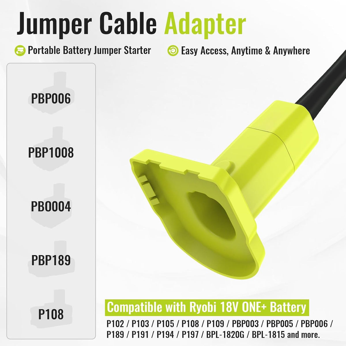 Kzreect 8AWG 5.9FT Jumper Cables Adapter Compatible with Ryobi 18V Battery | Jump Starter for Car, Copper Clamps with Nylon Shells, ABS Plastic Adapter, A Flannel Storage Bag for Easy Carrying