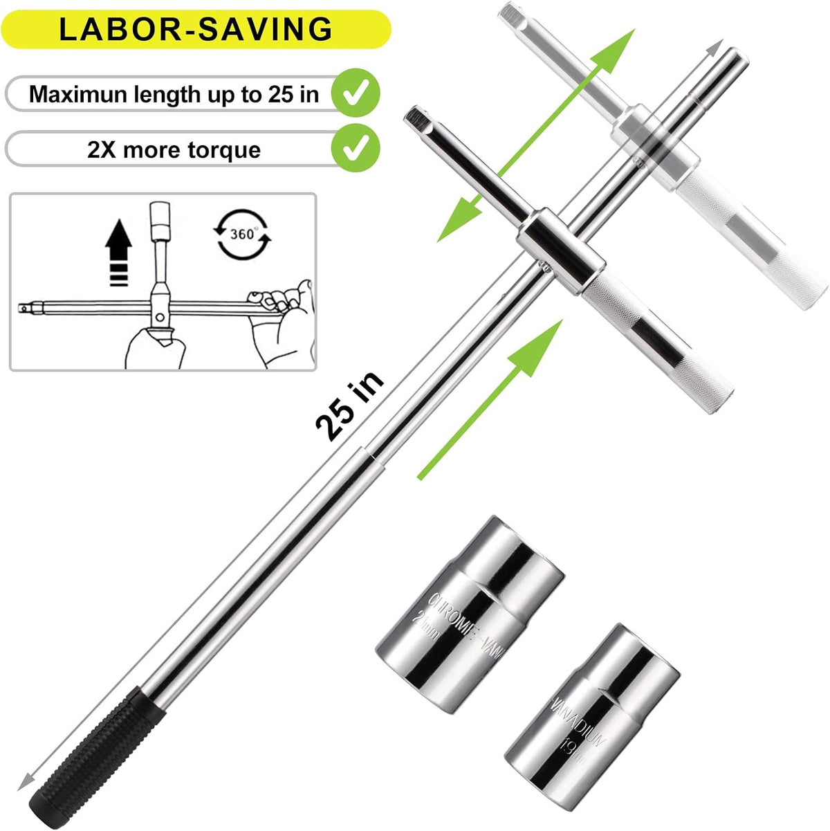 Spurtar Extended 4 Way Lug Wrench, Tire Iron Lug Nut Wrench, Tire Nut Remover Tools 1/2 Drive with 17/19mm and 21/23mm Sockets