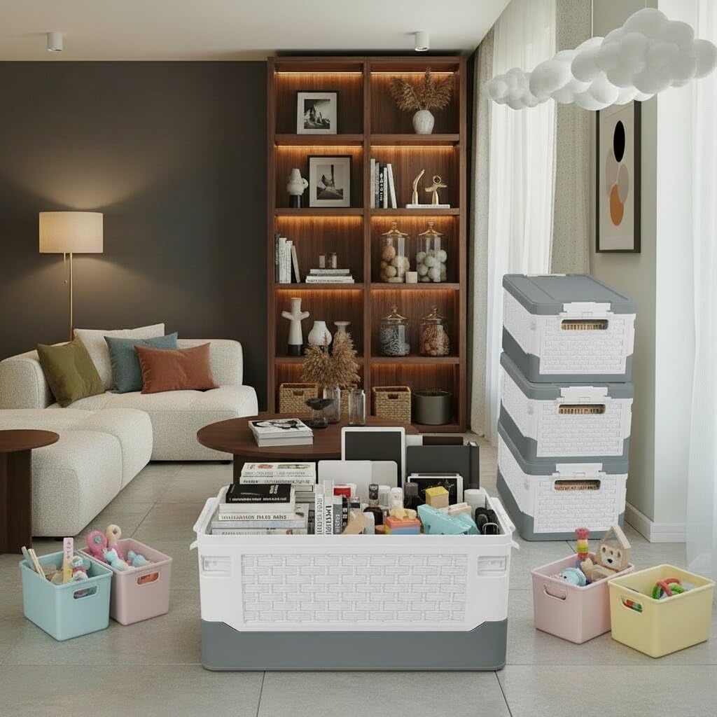 TOPCJ Foldable Storage Bins with Lids,Closet Organizer,Stackable Plastic Storage Containers with Secure Latching Buckles,Perfect Organization for Home,home Office(Grey)
