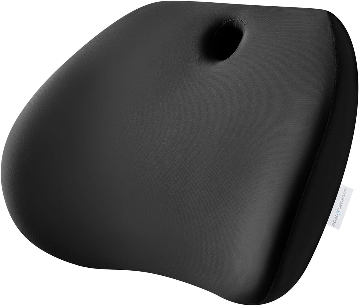 Road Comforts Memory Foam Lumbar Support Pillow – Ergonomic Back Cushion for Office, Car, Home & Travel – Lower Back Pain Relief, Removable Washable Cover (Black)