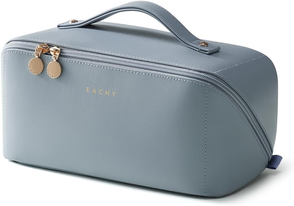 EACHY Travel Makeup Bag for Women, Flat Open Cosmetic Bag, Blue, Large