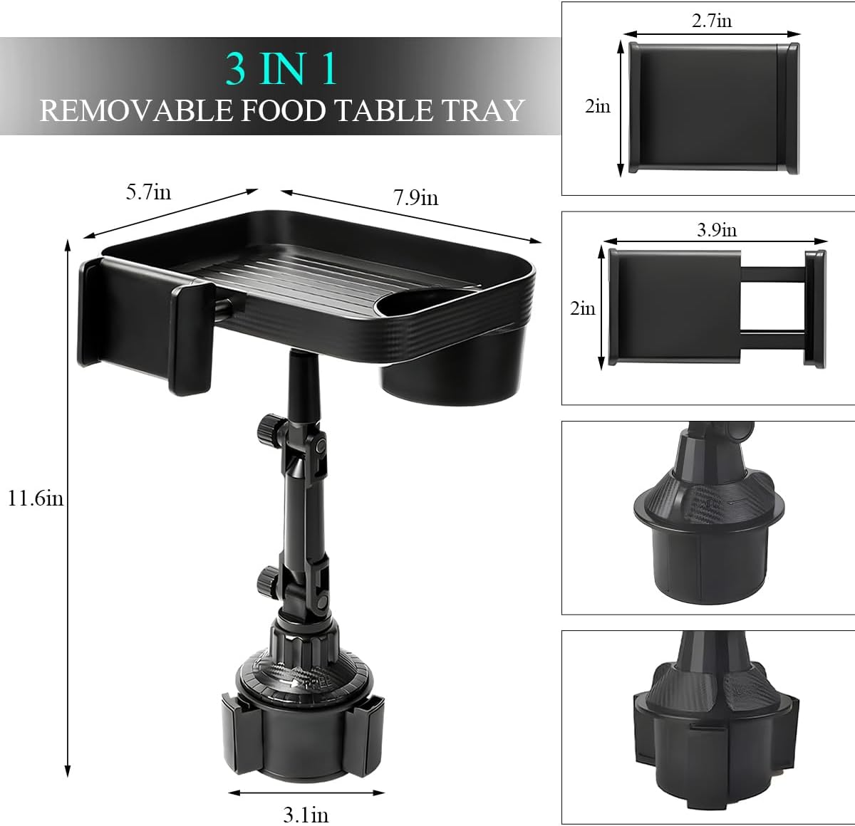 Car Cup Holder Tray, 3 in 1 Detachable Auto Cup Holder Tray Food Table with Phone Stand, Multi-Functional Cup Holder Anti-Slip Tray with Phone Holder, Car Accessories