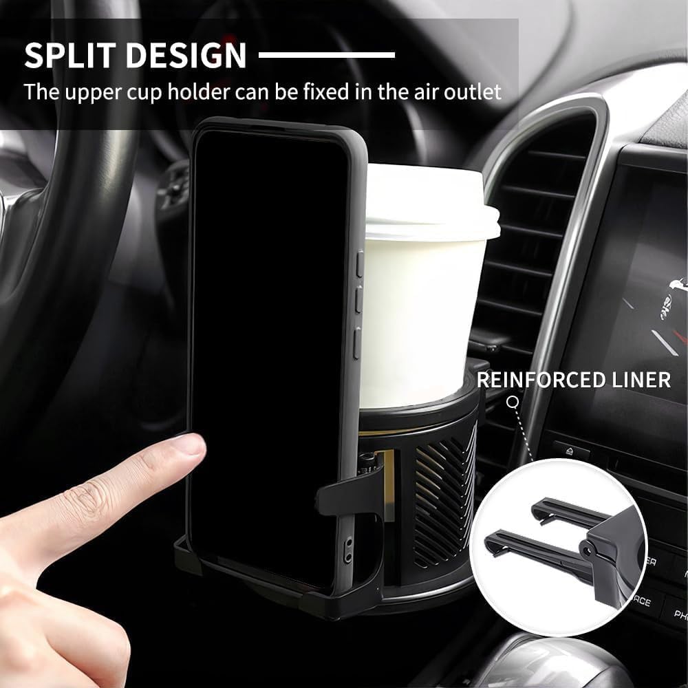 Car Cup Holder Extender with Adjustable Phone Holder, 360° Rotating Cup Holder Expander with Stainless Steel Liner, Fits Tumblers, Water Bottles, Coffee Cups & Soda Cans with Bases Under 78 mm.