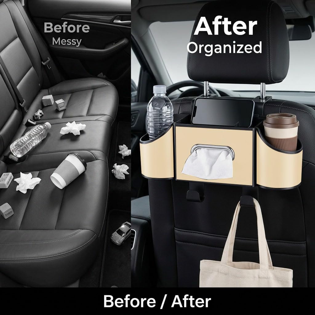 Back Seat Car Organizer, Nappa Leather Car Seat Organizer with Cup Holders and Tissue Box, Premium Hanging Storage Bag for SUV Truck Road Trip (Beige)