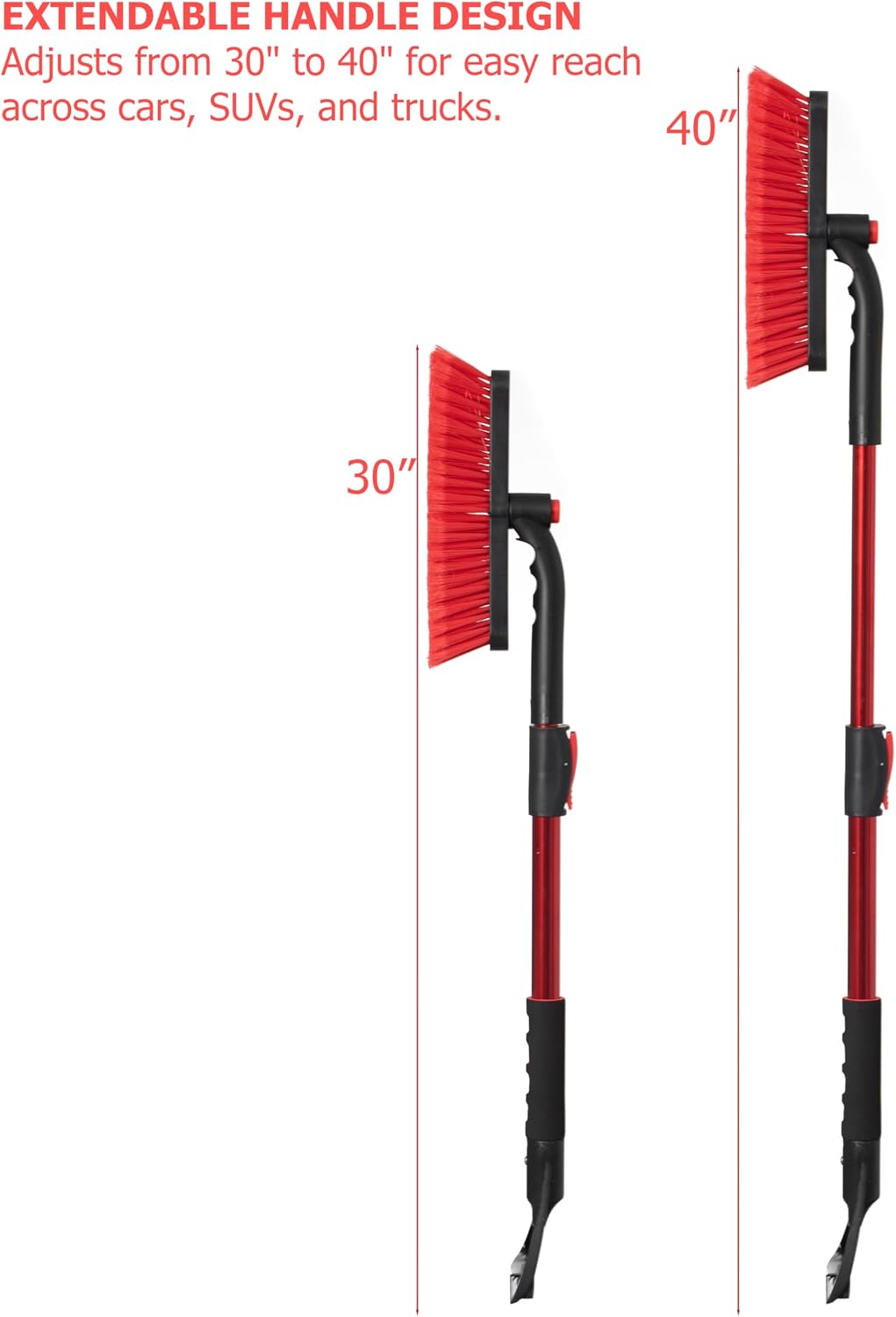 Gardenised 30-40" Extendable Aluminum Snow Brush & Ice Scraper 2-in-1 Winter Car Tool with Scratch-Free Bristles for Car SUV & Trucks, Red