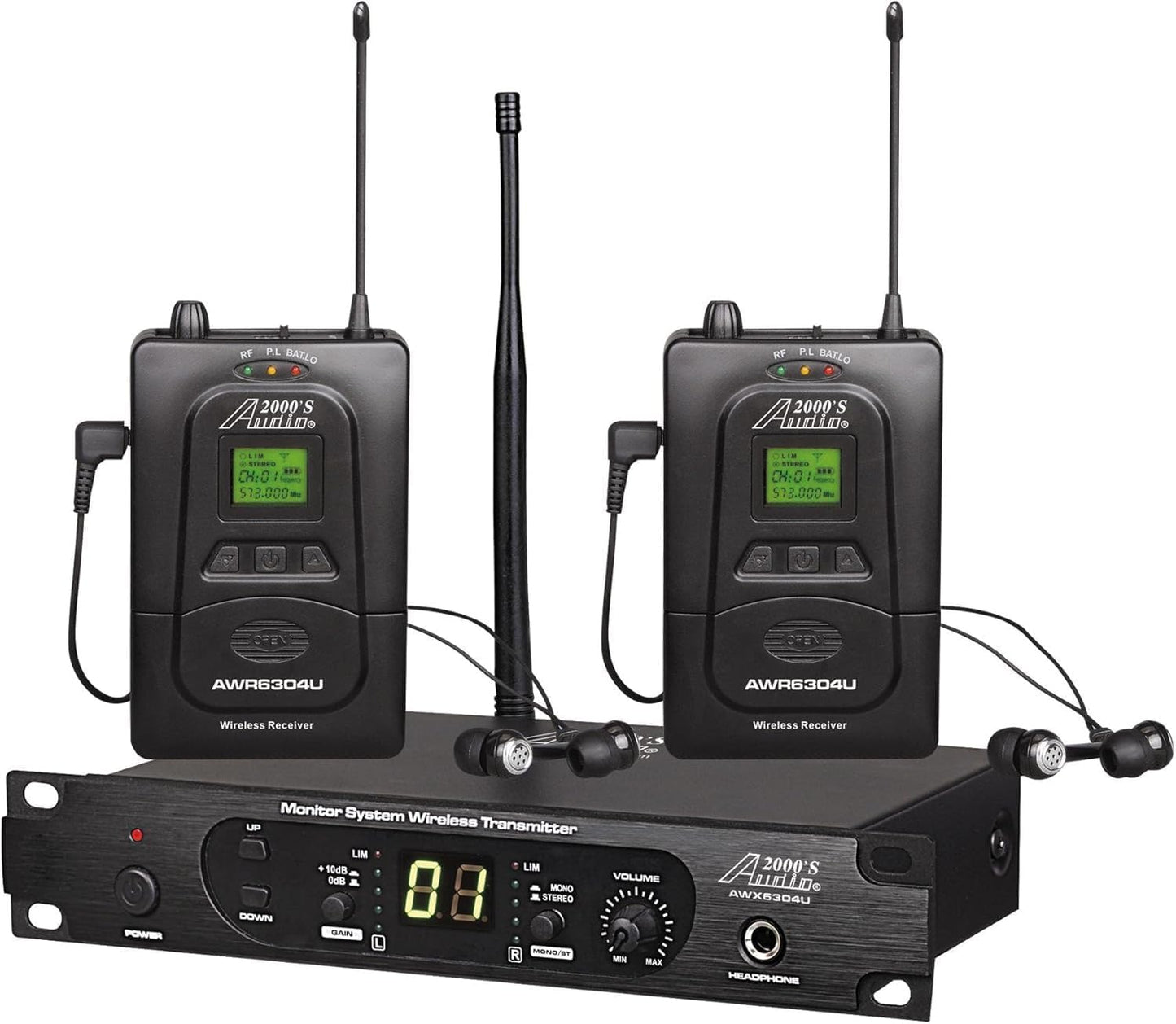Audio2000'S AWM6306U UHF 100 Selectable Frequency Wireless in-Ear Monitor System with Four Wireless Receivers, One Wireless Transmitter, and One PVC Carrying Case
