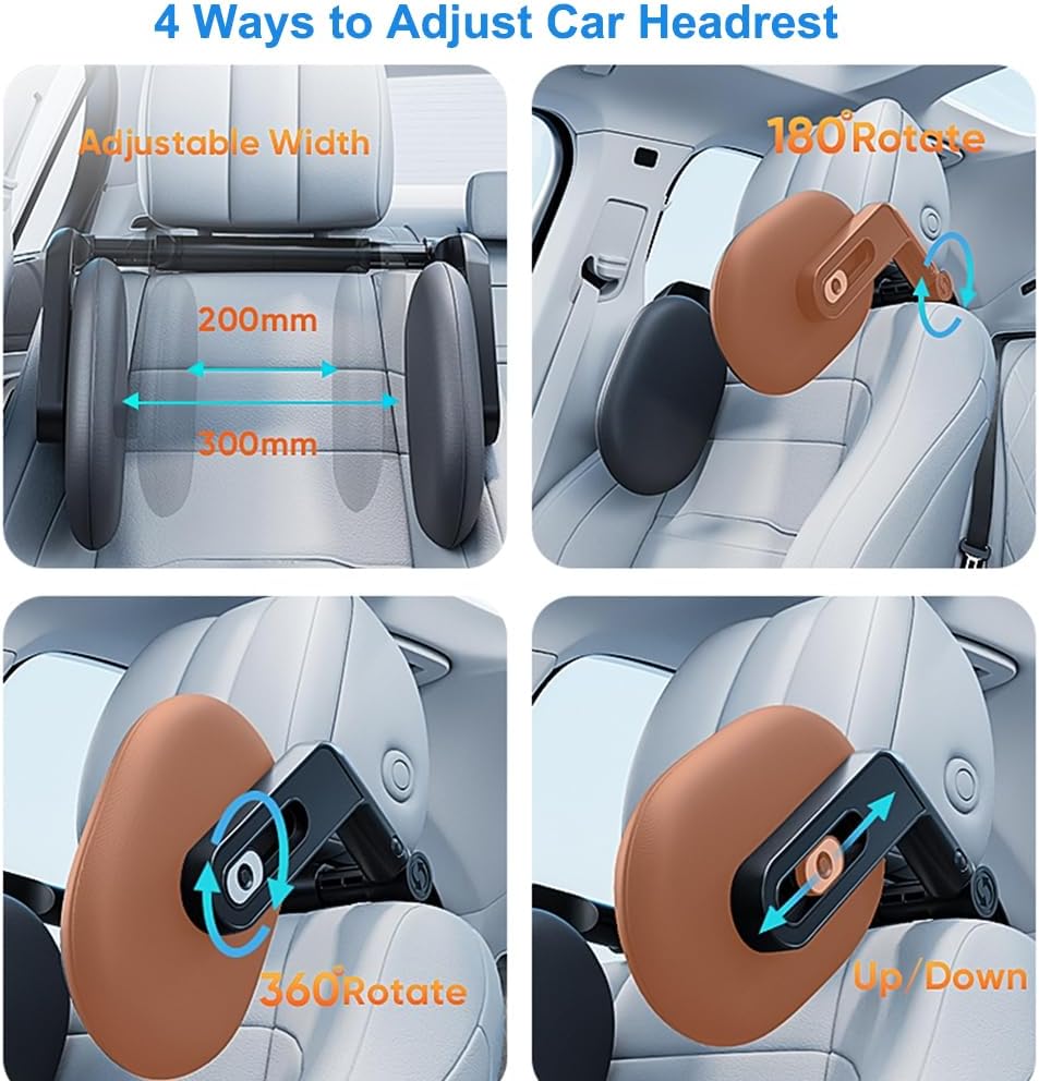 Car Headrest Pillow with Hook, Adjustable Car Seat Neck Support with Memory Foam &amp; Ice Silk, 360° Rotating Travel Sleeping Headrest for Kids &amp; Adults (1 Eye Mask Included)