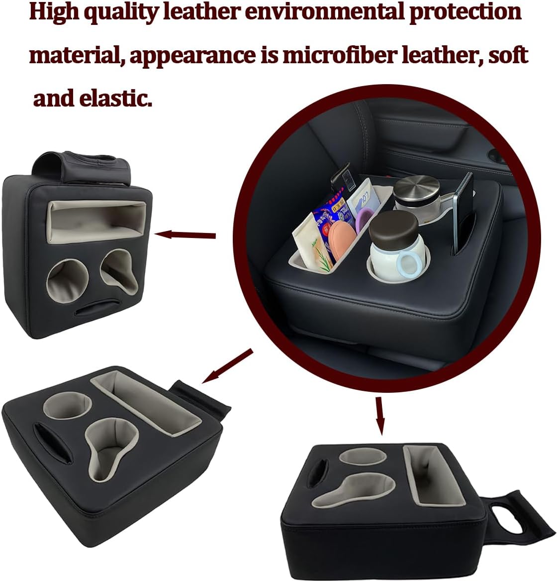 Car Back Seat Cup Holder, Leather Non-Slip Vehicle Rear Seat Drinks Tray Storage Organizer, Automotive Backseat Cup Holder Tray Expander, Universal for SUV Automobile Truck