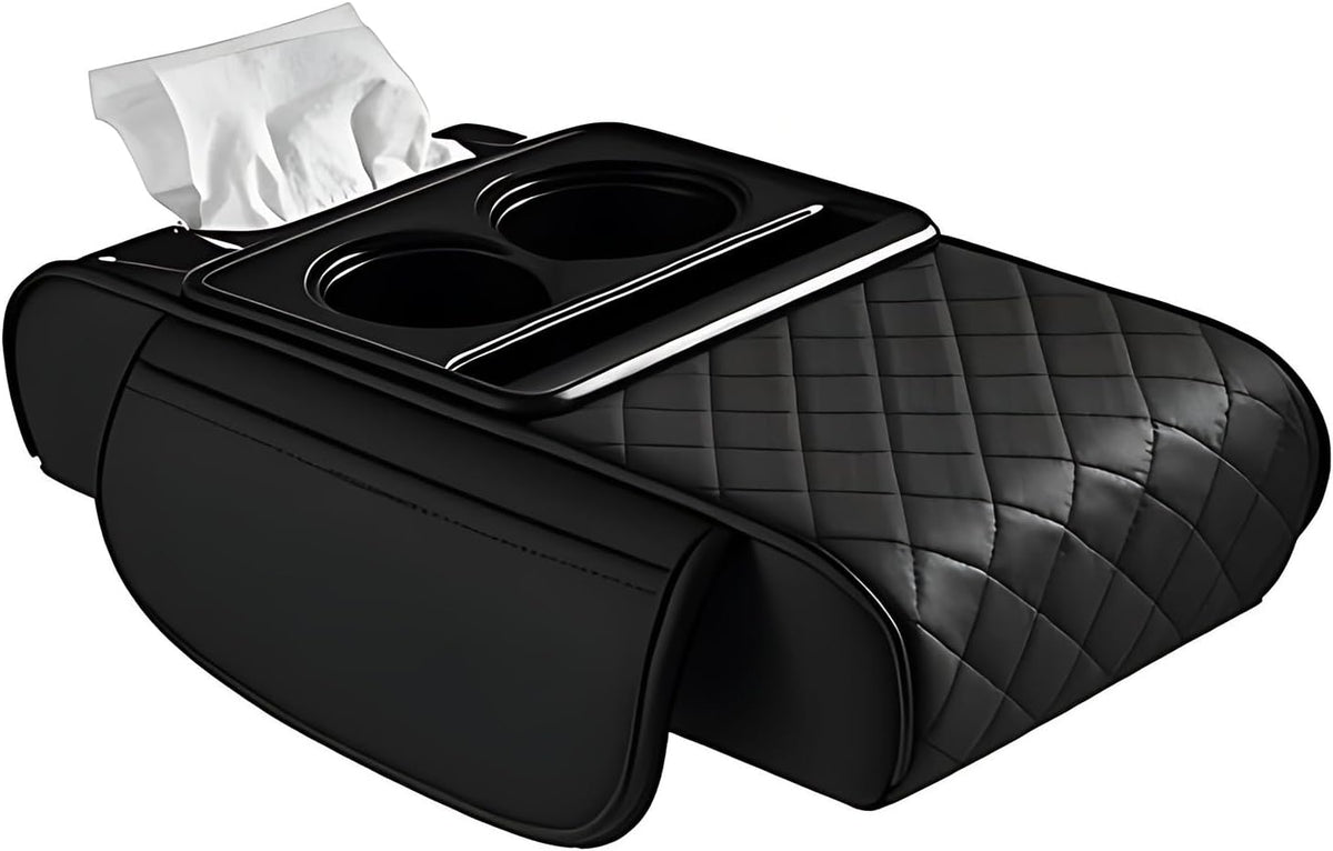 Car Center Console Organizer Armrest Storage Box with 2 Cup Holders-Universal 5-in-1 Leather Cushion Cover,Phone Slot & Tissue Holder for SUV/Sedan(Black)
