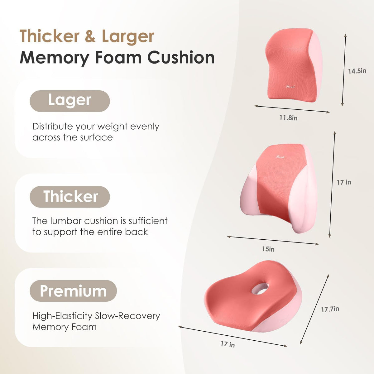 FLORICH Upgraded 3-in-1 Memory Foam Car Seat Cushion Set with Lumbar Support & Neck Pillow, Washable Driving Seat Cushion for Back & Sciatica Pain Relief, Non-Slip Seat Cushion for Car, Office-Pink