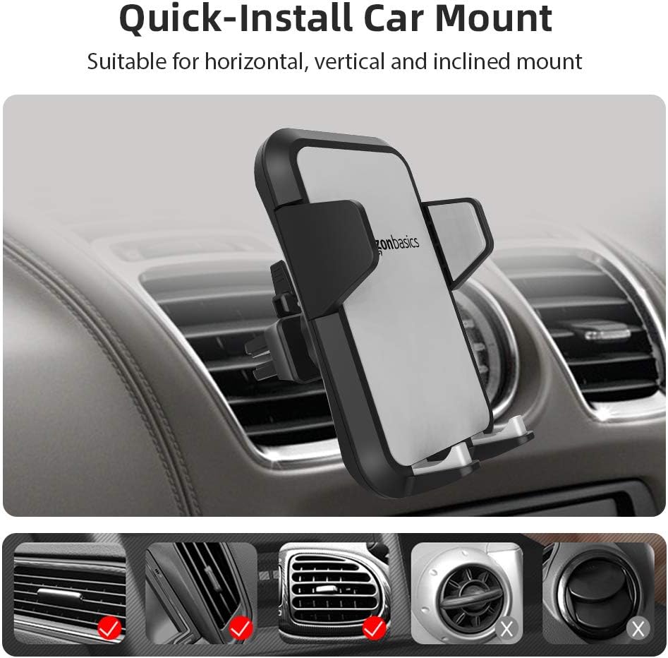 Amazon Basics Universal Portable Smartphone Holder for Car, Air Vent Mount, 360° Rotation, Easy to Install, One-Handed Release, Adjustable and Secure, Grey