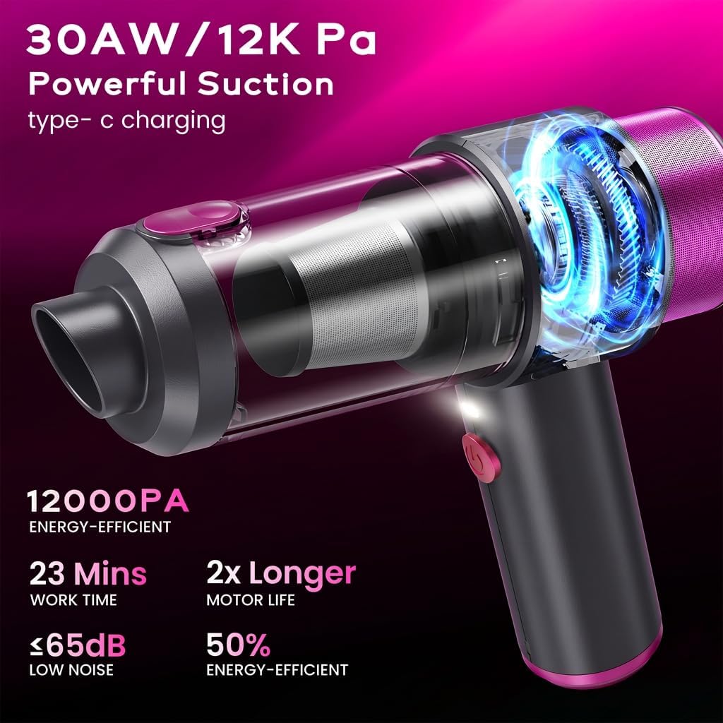 Car Vacuum Handheld Vacuum Cleaner, 12000PA Suction, Mini Vacuums with Air Duster and Blower, Portable Hand Held Vacuum for Car, House, Crumbs, Hair (Pink)