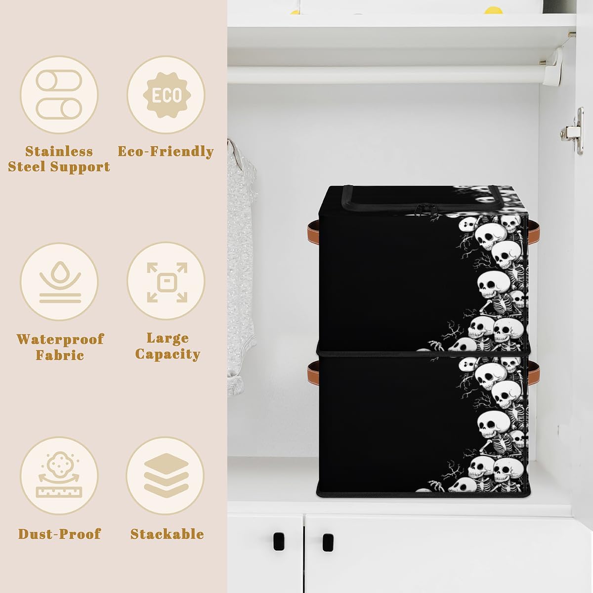Skeleton Storage Bins With Zipper Lid, Collapsible Trunk Organizer, Car Organizers and Storage Bins with Lids, Halloween Decorative Storage Boxes with Handle, Home Storage Baskets for Organizing