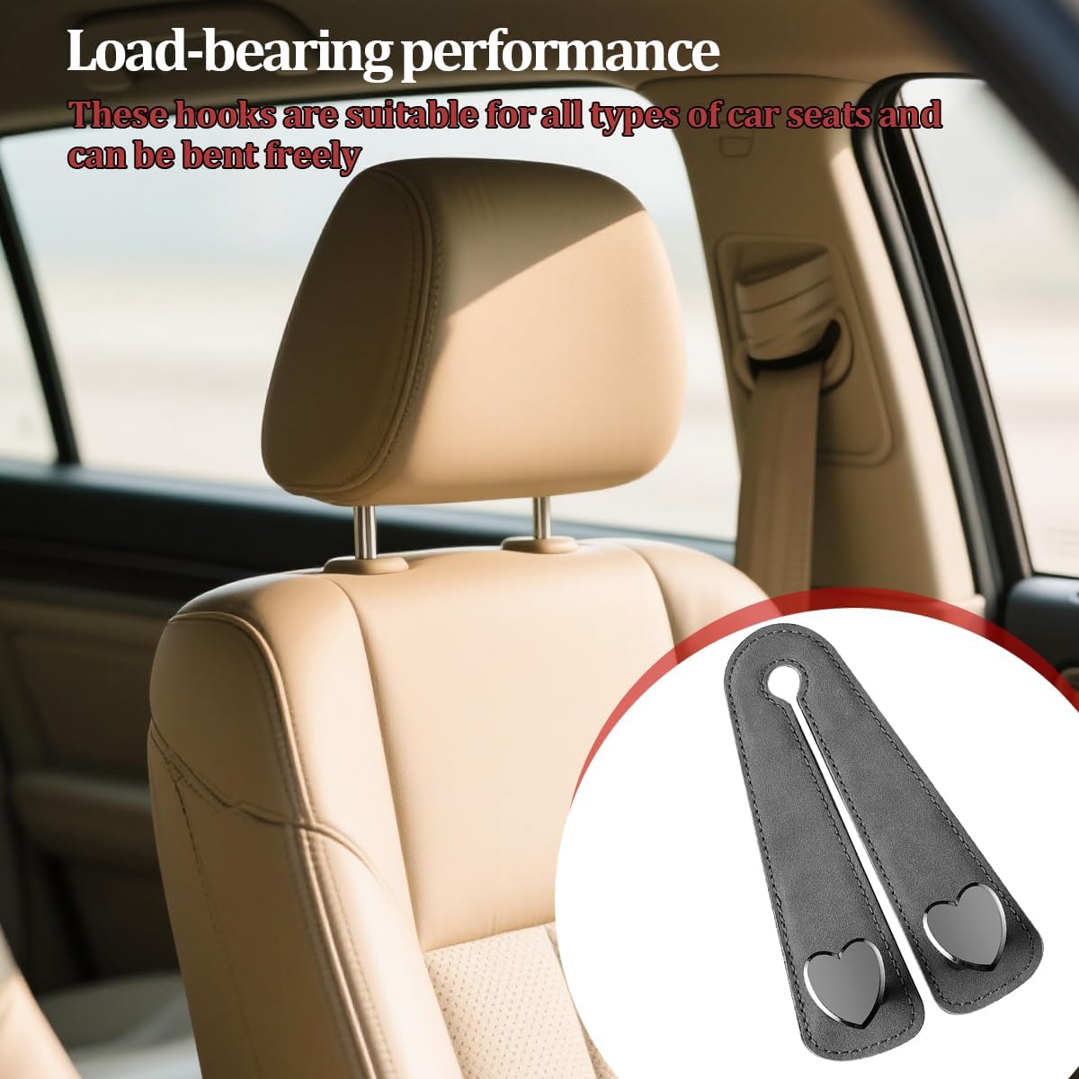 2PCS Car Seat Headrest Hooks, Heart-Shaped Twin Hook Vehicle Seat Back Purse Bag Storage Organizer, Cute Auto Interior Backseat Hanger Holder for Coat Umbrella Hat, Universal Fit (Gray)