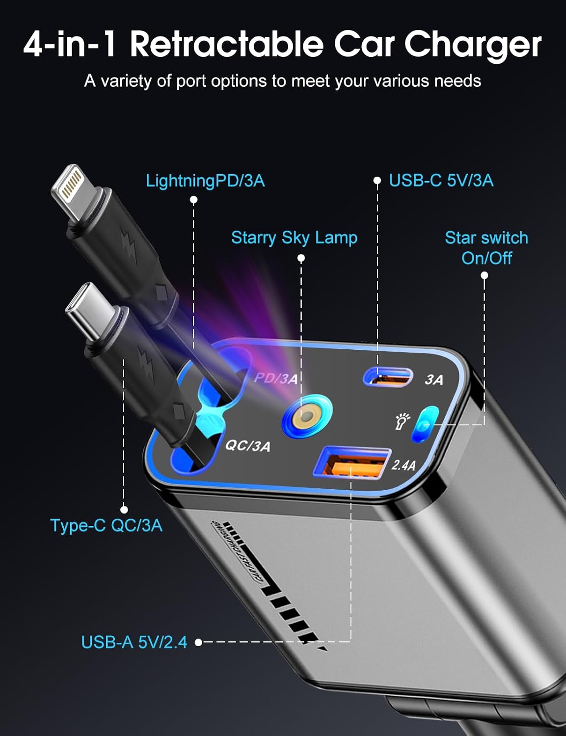 Retractable Car Charger 120W Fast Charging with Starlight,4 in 1 Universal Car Phone Charger,Built-in Type-C & Applehead Cable,Car Road Trip Retractable Accessory for iPhone,IPad,Samsung Galaxy,Pixel
