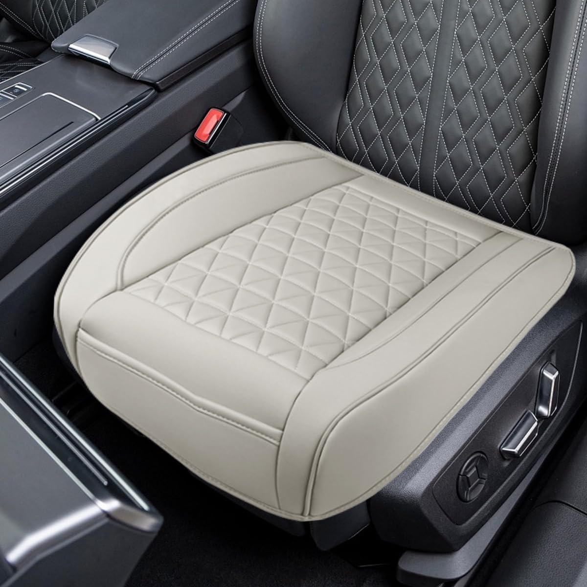 Luxury Faux Leather Car Seat Cover, Car Seats Cushion, Grey | Anti-Slip Waterproof Universal Front Bottom Seat Protector with Storage Pocket for Sedans, SUVs, Trucks, Triangular Pattern