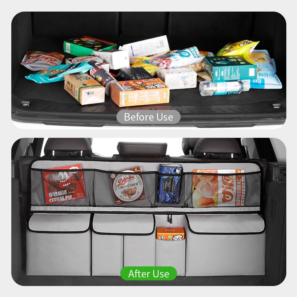 Viaviat Hanging Car Trunk Organizer, Collapsible Backseat Storage Bag with 9 Large Pockets for Medium or Large Size SUV, Truck, MPV, Car Interior Accessories (Light-gray)