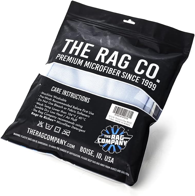 The Rag Company - Premium Window, Glass, Mirror & Chrome Detailing Towels - Professional Korean 70/30 Microfiber Blend, Lint-Free, Streak-Free, 350gsm, 16in. x 16in, Light Blue (5-Pack)