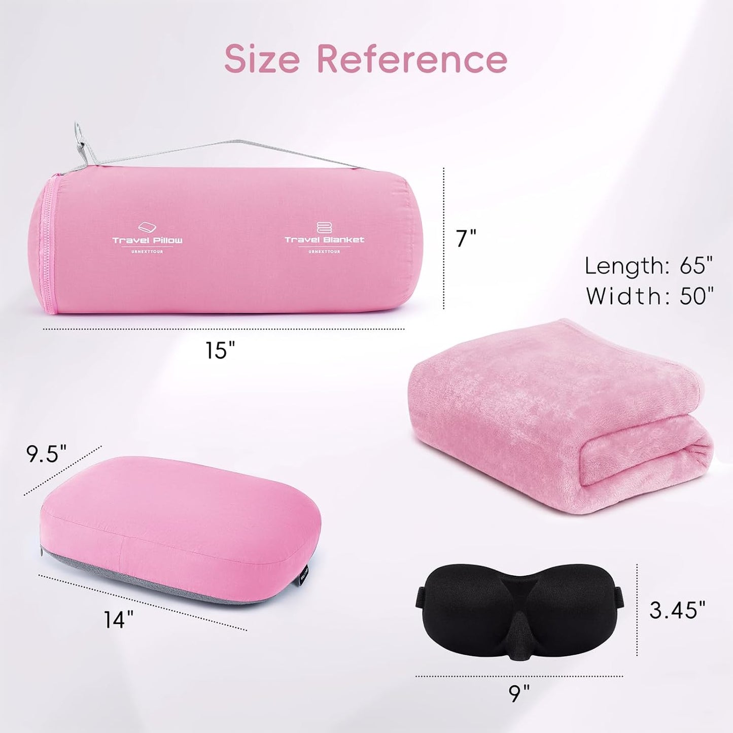 urnexttour 4-in-1 Travel Pillow & Blanket Set with Eye Mask, Memory Foam Neck Support, 50x65 Inch Blanket, Storage Bag for Airplane, Car, Train, Home Travel Pink