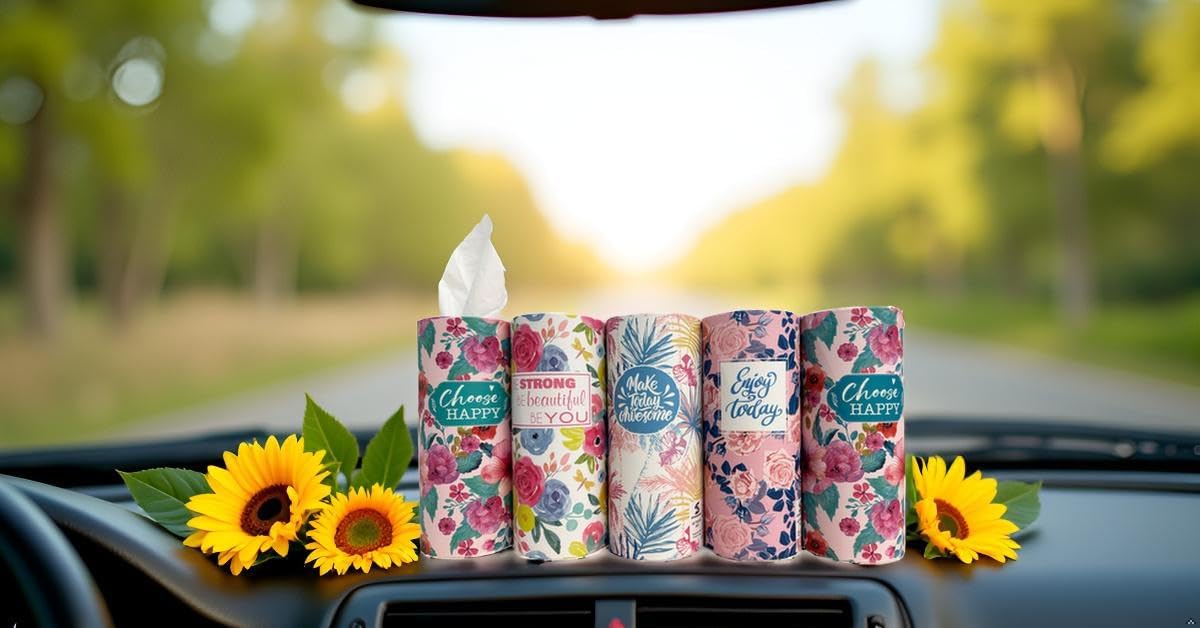 5-Pack Car Tissue Holder (4PK + 1 Lucky Color PK),Car Tissues Cylinder, Cute Floral Design & Positive Quotes | Compact, Super Absorbent 3-Ply Tissues for Car Cup Holders