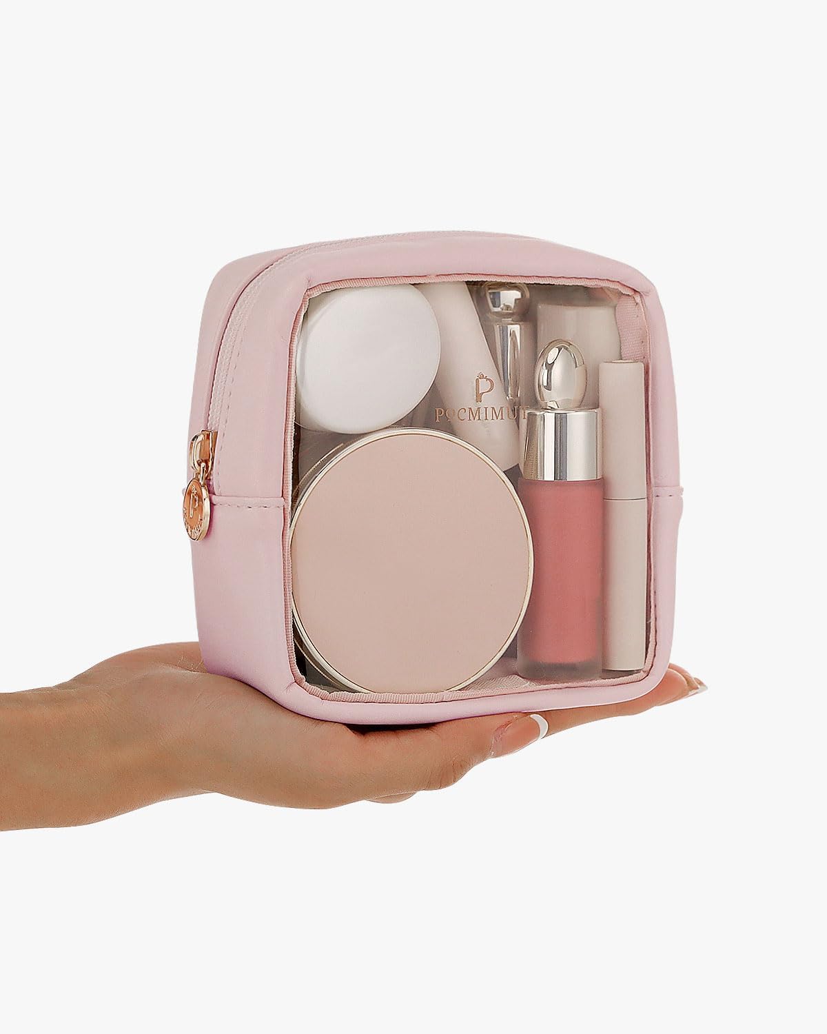 Pocmimut Clear Makeup Bag, Easy to Find Mini Makeup Bag for Purse, Travel Makeup Bag for Car, Compact Cosmetic Pouch for Daily Essentials,Pink
