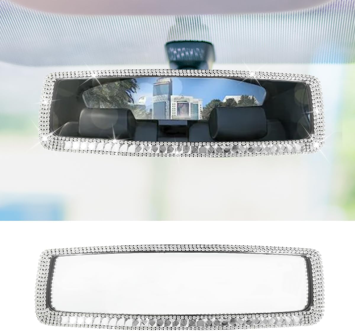 JOYCOURT Bling Rhinestone Panoramic Rear View Mirror Clip-On Mirror, Black