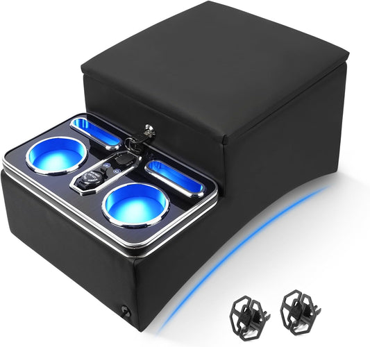 Upgraded Center Console with Lock, Truck Bench Front Seats Center Console Organizer and Storage, Cup & Phone Holder for Minivan, SUV, Middle Van, Fast Phone Charging & 7-Color Adjustable LED Lighting