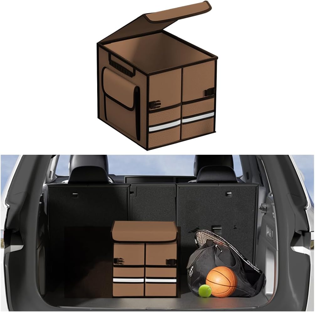 Car Trunk Organizer, Multi-Compartment Collapsible Vehicle Cargo Storage Organizer with Lid, Non Slip Waterproof Storage Box with Reinforced Handles, Universal Automotive Accessories (Beige)