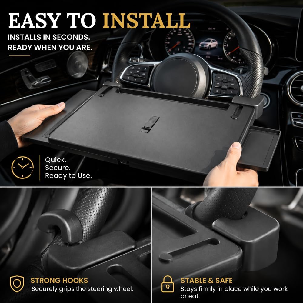 3-in-1 Steering Wheel Tray, Car Desk for Laptop, Food Tray for Eating & Work, Adjustable Car Table with Drawer & Anti-Slip Design, Multipurpose Travel Car Accessories