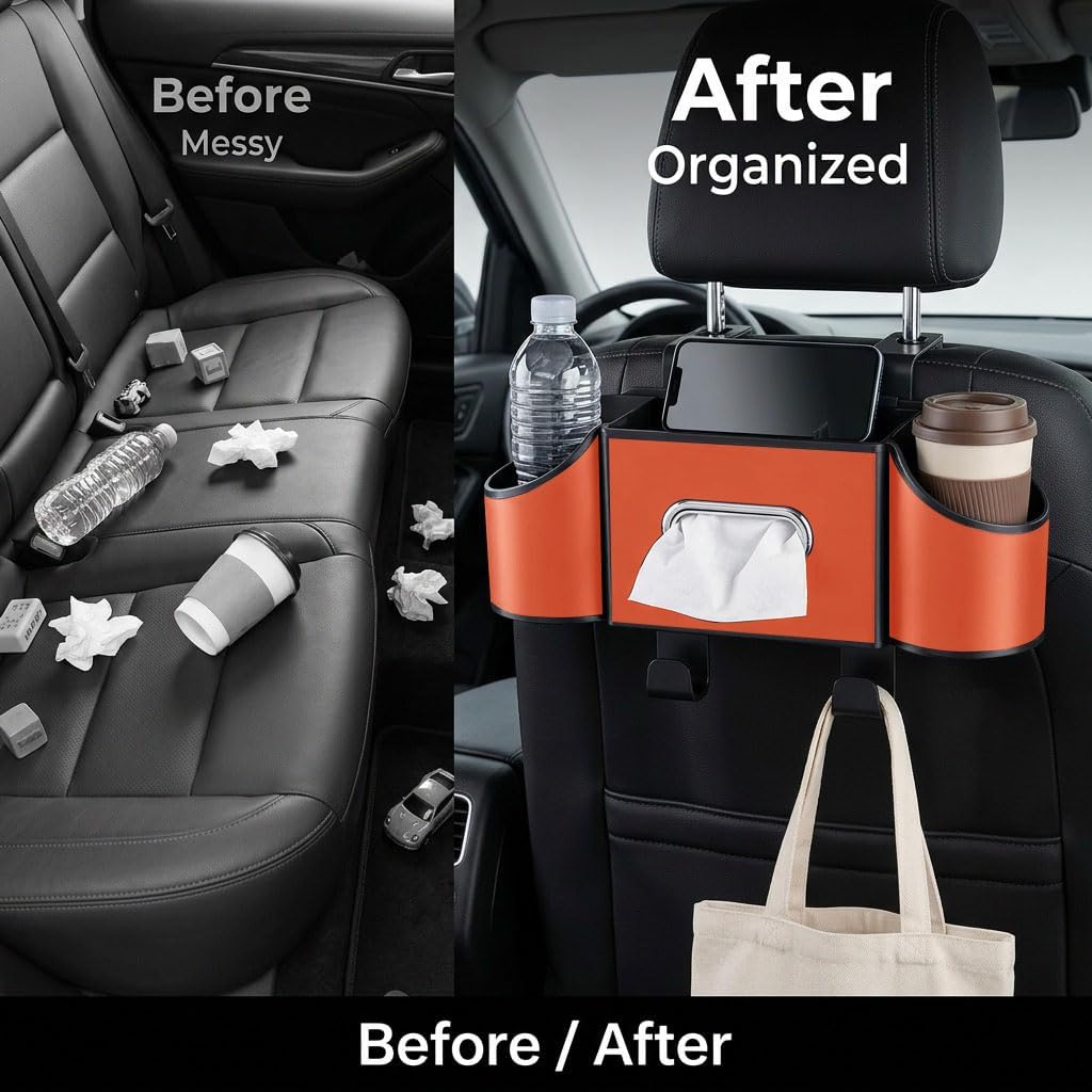 Back Seat Car Organizer, Nappa Leather Car Seat Organizer with Cup Holders and Tissue Box, Premium Hanging Storage Bag for SUV Truck Road Trip (Orange)
