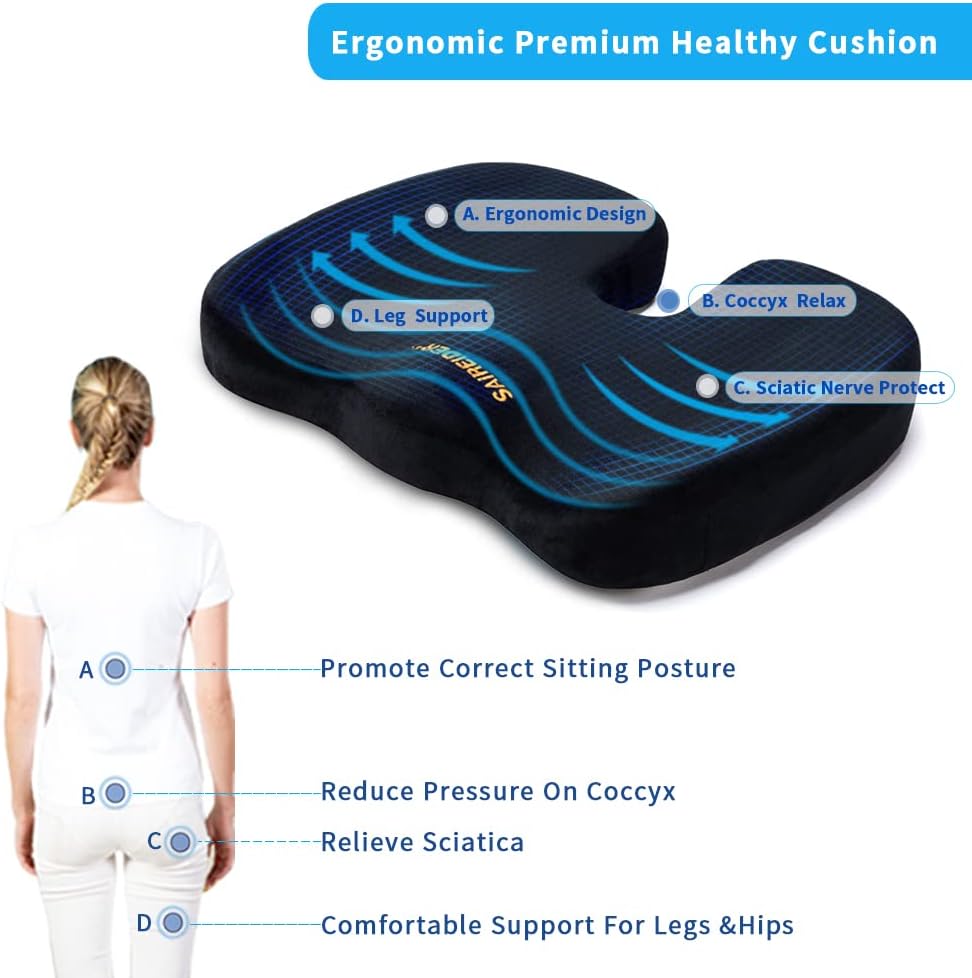 SAIREIDER Office Chair Cushion, Car Seat Cushion, Memory Foam Coccyx Cushion Pads for Tailbone Pain, Sciatica Relief Pillow, Correct Sitting Posture (Black)
