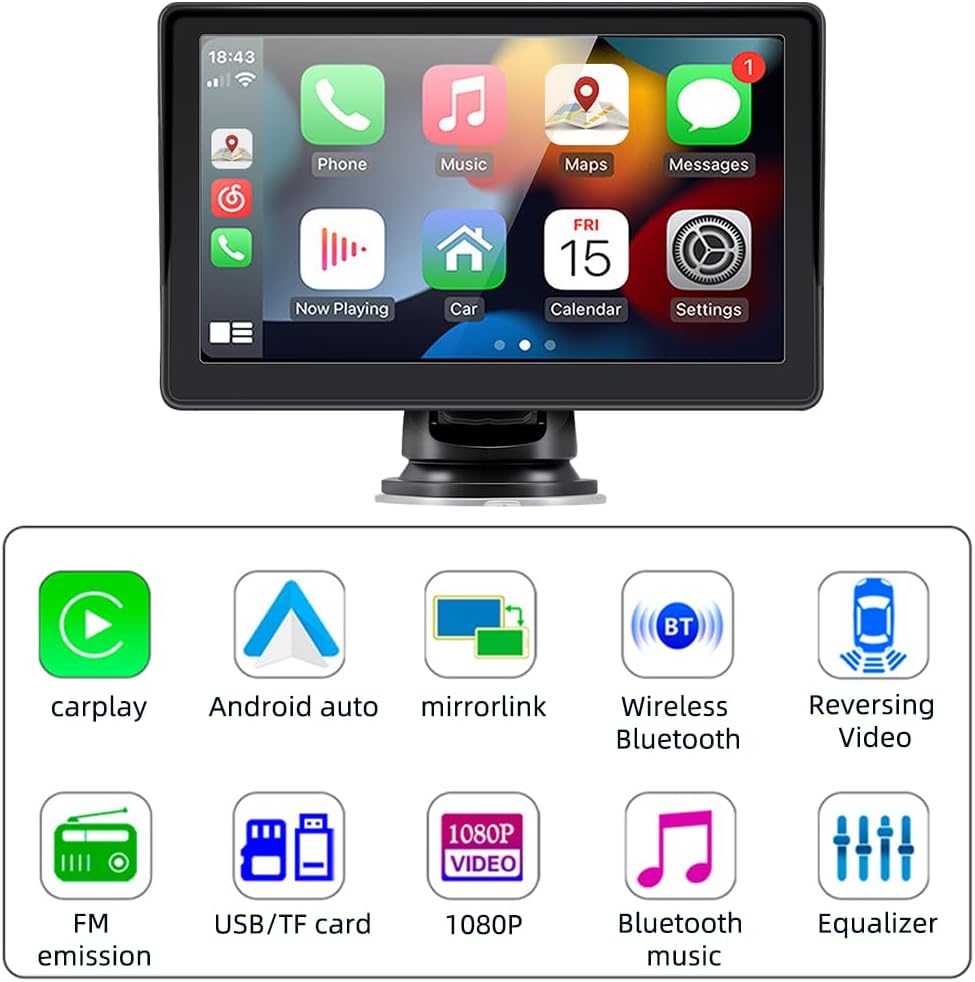 Sunweyer Car Television Wireless Carplay& Android Auto Screen, Portable Car Stereo,7 inch IPS Touchsreen Display, Support 1080p Backup Camera & Bluetooth/AUX/FM Transmitter
