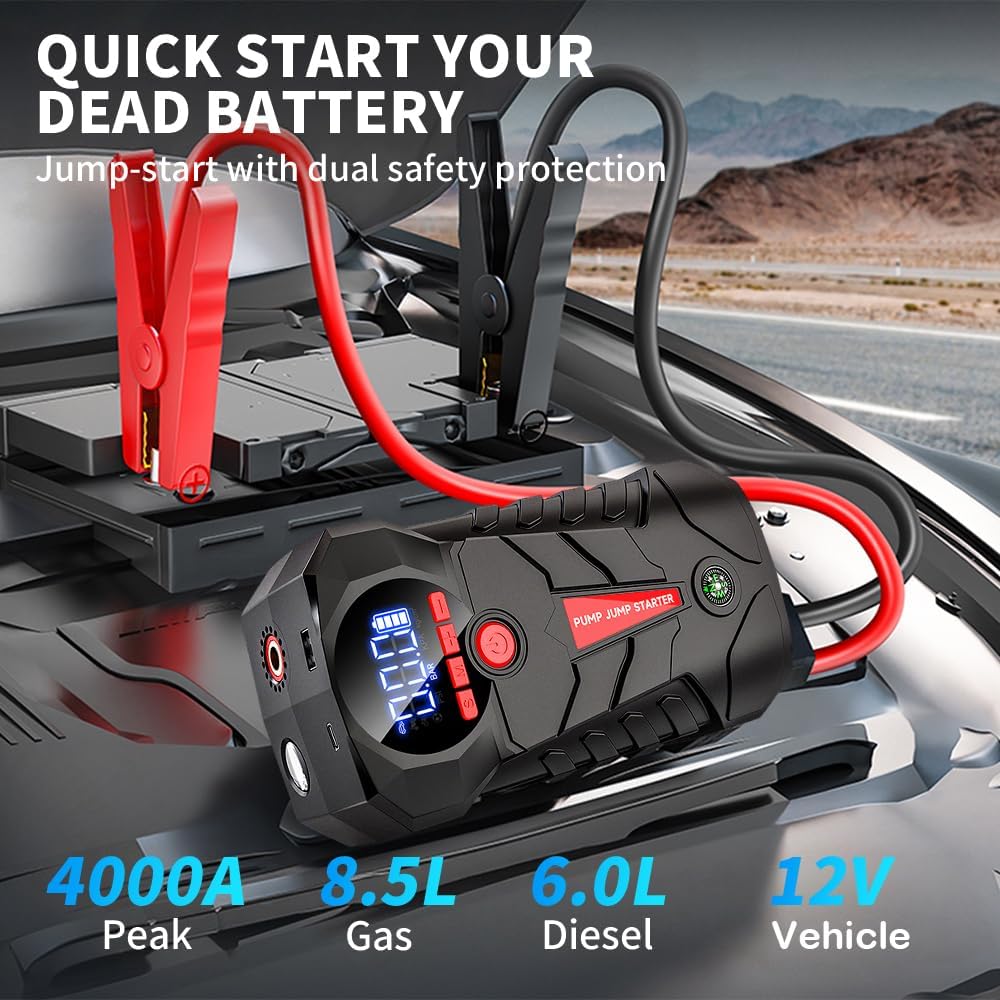 4000A 4-in-1 Car Battery Jump Starter with 150PSI Tire Inflator for Vehicle