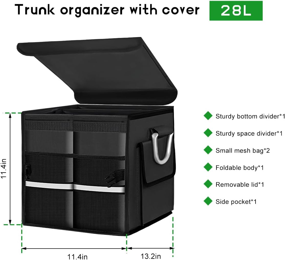 Trunk Organizer with Lid, 28L Collapsible 2-Compartment Car Storage Box with Reinforced Handles, Multipurpose Waterproof Oxford Storage Organizer for SUVs Sedans Trucks (Black)