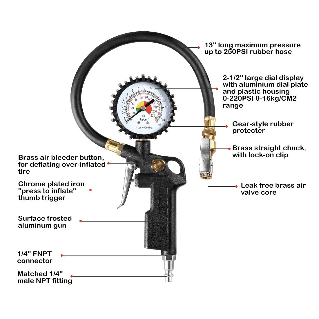 CZC AUTO Tire Inflator Deflator Air Pressure Gauge with Rubber Hose