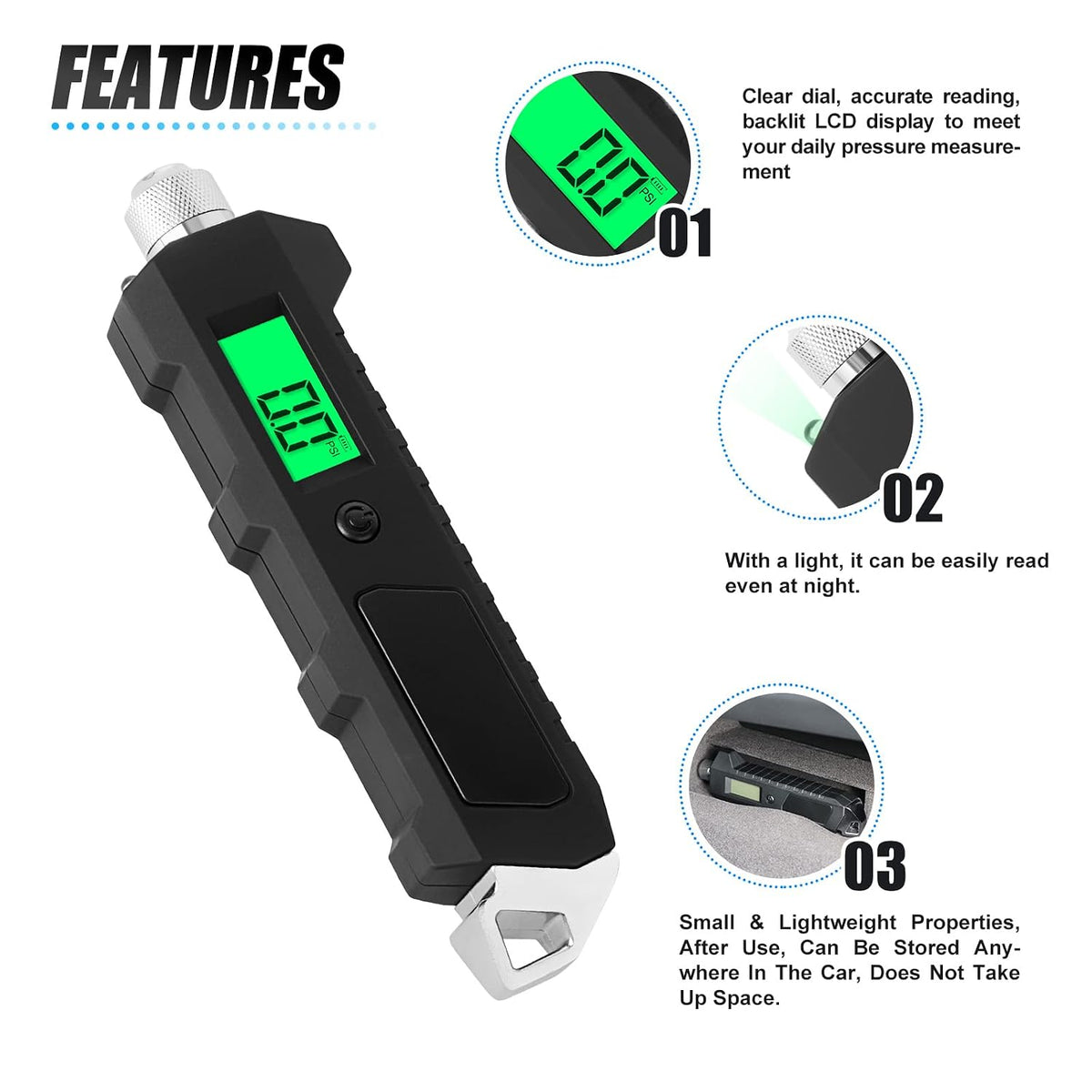 MEANLIN MEASURE Digital Tire Pressure Gauge 0-230 PSI Heavy Duty Professional Accessories for SUV RV Truck and Normal Cars with Backlit LCD and Flashlight