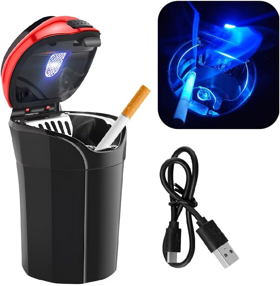 povtii Car Ashtray with Lid, Rechargeable Stainless Auto Ashtray with LED Light Indicator, Portable Smell-Proof Ashtray Cup with Lid & Detachable Cigarette Lighter, Car Accessories (Silver)