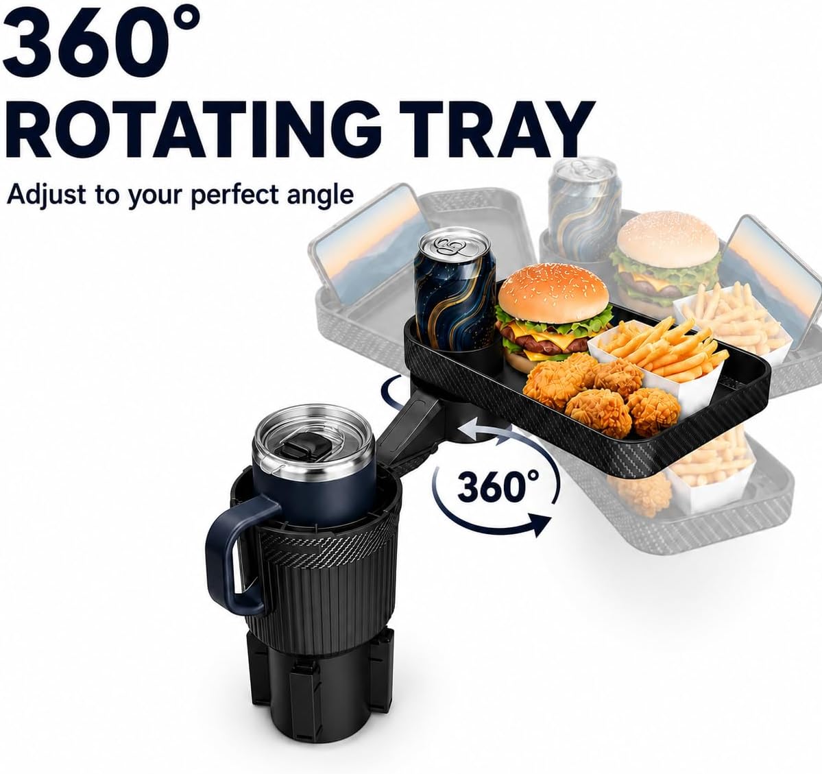 NEVERLAND Car Cup Holder Expander with Tray - 3-in-1 Car Food Tray & Table for Eating - 10" Rotating Surface with Phone Holder - Fits Yeti, Stanley, Owala up to 64 oz - Black Road Trip Essentials