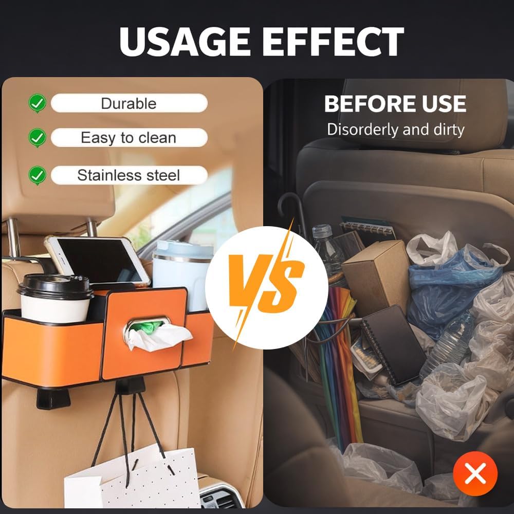 3-in-1 Backseat Car Organizer with Dual Cup Holders,Tissue Box & Phone Holder, 2026 Upgraded Car Seat Back Storage Box,Multifunctional Waterproof Storage for Daily Driving & Travel,Brown
