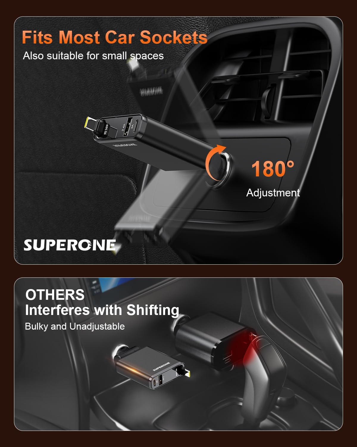 SUPERONE Car Charger USB C Fast Charge, Ultra-Slim Retractable Car Charger