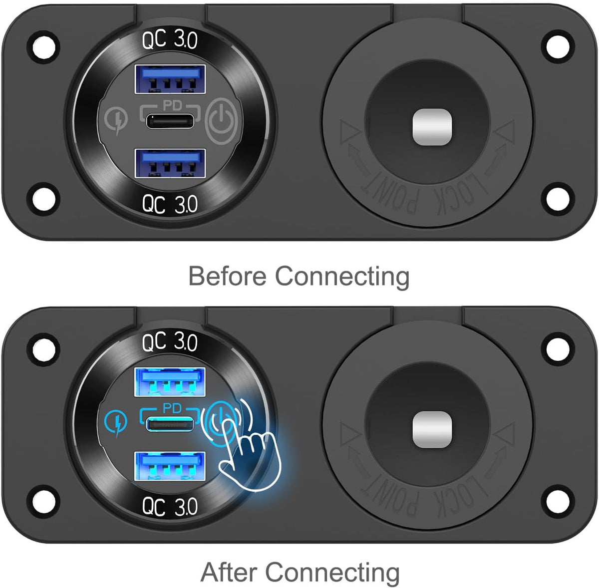 12V USB Outlet Marine Switch Panel 12 Volt Plug, PD3.0 & Dual Quick Charge 3.0 USB Ports Aluminum Car Charger with Power Switch, Waterproof 150W Cigarette Lighter Socket 2 in 1 DIY Kit for Boat RV ATV