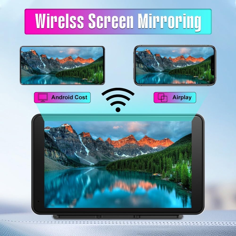 Kunfine Universal Portable Wireless Carplay Screen Android Auto, 7 Inch Touchscreen Wireless Car Play Screen AHD Reverse Camera for Car Support Airplay Voice Control FM Bluetooth AUX