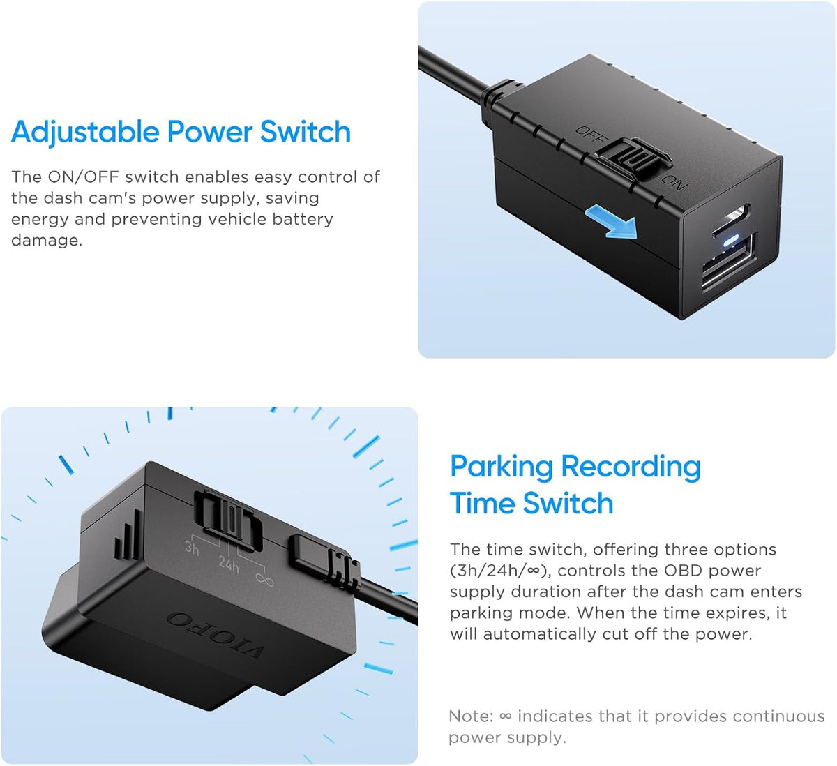 VIOFO OP100 OBD-II Constant Power Cable for Dash Cam, Type-C USB Port