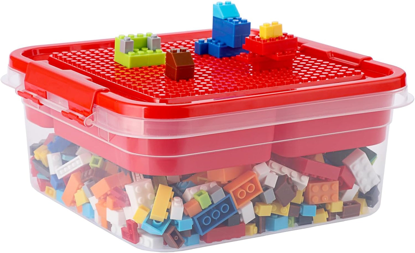 Plastic Storage Container with Bricks Baseplate Lid for Building Blocks, Bricks Building Set Organization Bin with Compartments Tray, Stackable Storage Box Building Block Chest Case (Red)